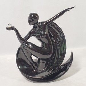 MCM Art Deco Black Woman Holding Orb Sculpture Fantasy Pottery Stamped